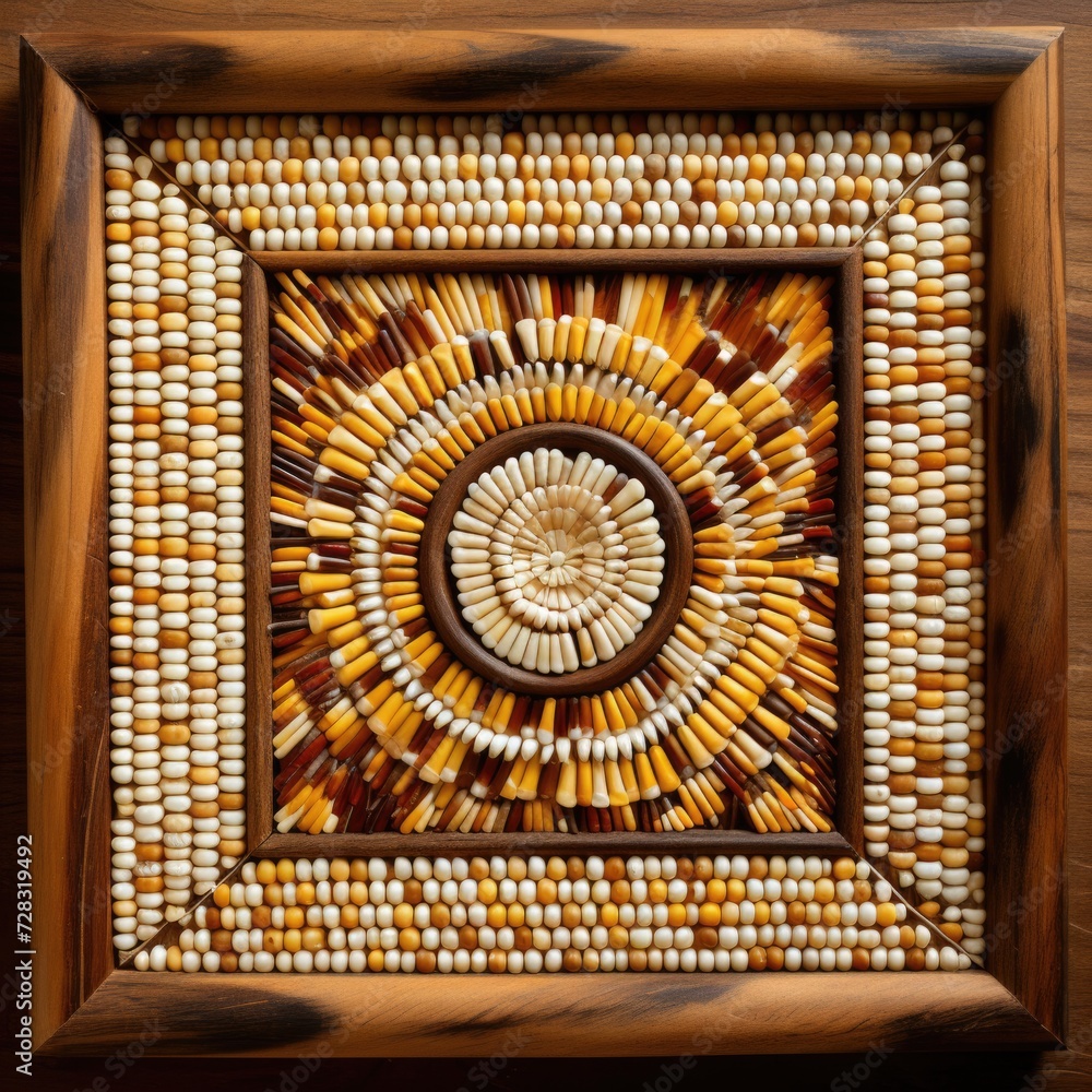 Poster a wooden frame with a sun and a bunch of shells. generative ai.