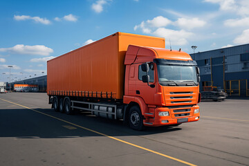 Orange delivery cargo truck with long empty trailer with mockup space, industrial background