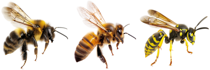 Collection of a flying bumblebee, bee and wasp isolated on a transparent background