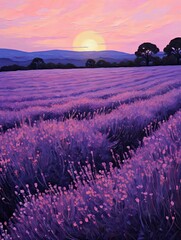Moonlit Lavender Fields: A Serene Sunset Painting Capturing Dusk's Delicate Reflections on Vast Purple Stretches