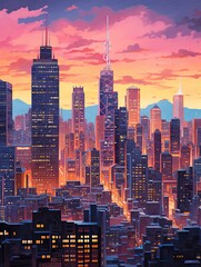 Neon City Nightscapes: Golden Hour Glow of Dusk's Cityscape Art