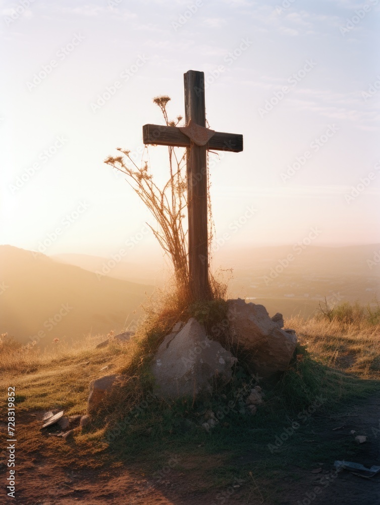 Poster a cross on top of a hill with a sunset in the background. generative ai.