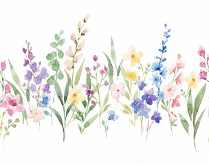 Beautiful horizontal floral seamless pattern with watercolor hand drawn flowers. Stock background design print.
