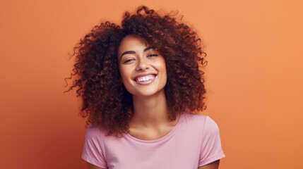 Smiling woman with curly hair on orange background. Generative AI.