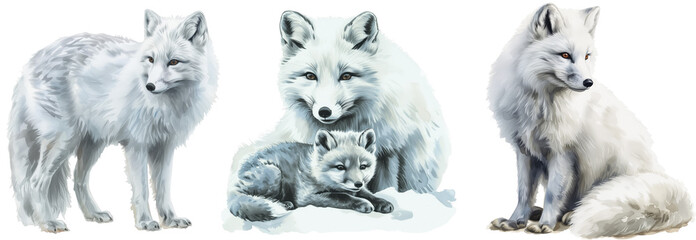 Watercolour style clipart illustration bundle of an arctic fox isolated on a white background