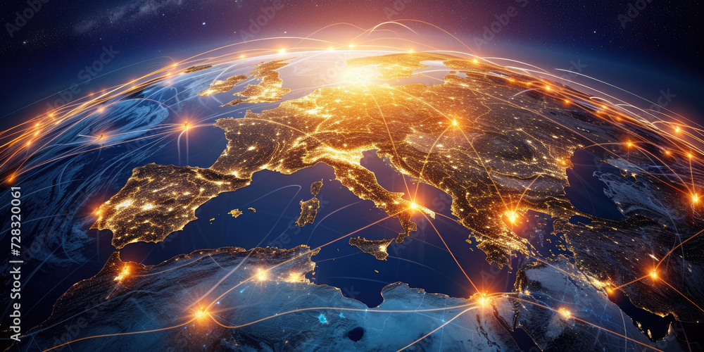 Poster blue abstract digital map of world map with lines and dots conected. suitable for travel, navigation