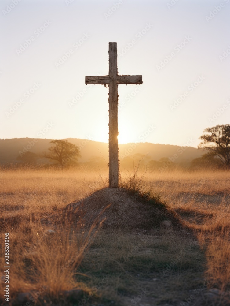 Poster a cross stands in the middle of a field. generative ai.