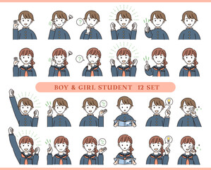 様々な表情の男女学生セット