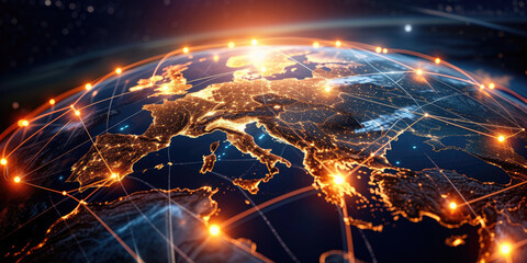 Obraz premium Blue abstract digital map of world map with lines and dots conected. Suitable for travel, navigation, cartography, geography, cyber technology concepts, data transfer and business information network