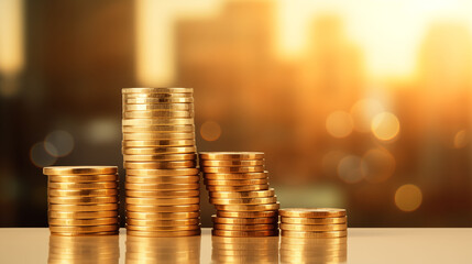 stack of coins with warm light and modern building background business and financial concept with copy space