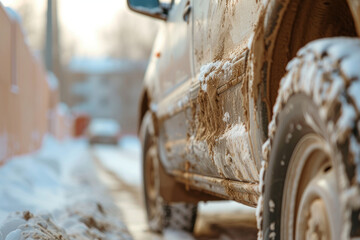 Close-up view of a car covered with dirt, tires drives through a snow-covered and muddy road in a cold winter day...