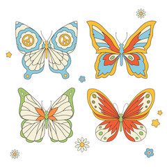 Beautiful groovy butterfly vector hand drawn illustrations set. Stock pop clip art in Hippie 60s 70s style. Peace. Pacific. - 728320248