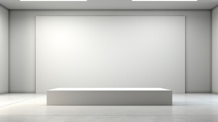 A minimalist podium in a contemporary art gallery with a pristine white backdrop.