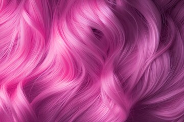 Close up view of a womans bright pink hair. Wavy shiny curls. Bright hair colouring - obrazy, fototapety, plakaty
