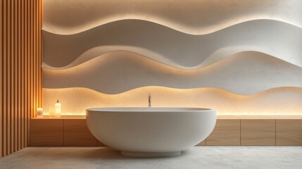 A minimalist bathroom with a gypsum backsplash adorned with subtle, organic swirls and curves. - obrazy, fototapety, plakaty