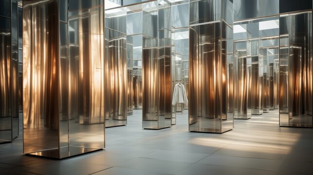 A minimalist luxury fashion exhibit with mirrored walls and modern, metallic accents.