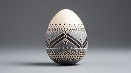 A minimalist Easter egg with intricate geometric patterns in muted tones, resting on a soft gray surface.
