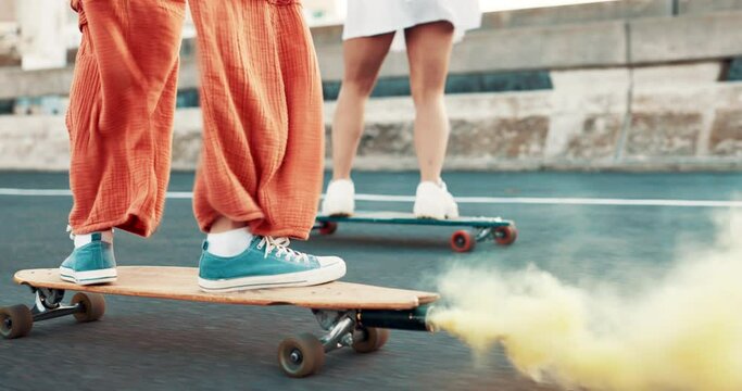 Skateboard, city and flare smoke with person, feet and freedom in metro with fashion, warning and attention. Skater, shoes and sneakers in streetwear clothes with torch, signal and speed on bridge