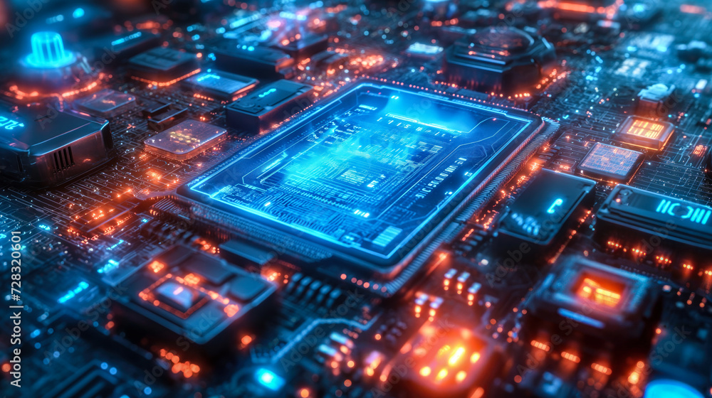 Poster cutting-edge electronics and semiconductor chips: a detailed view of an illuminated printed circuit 