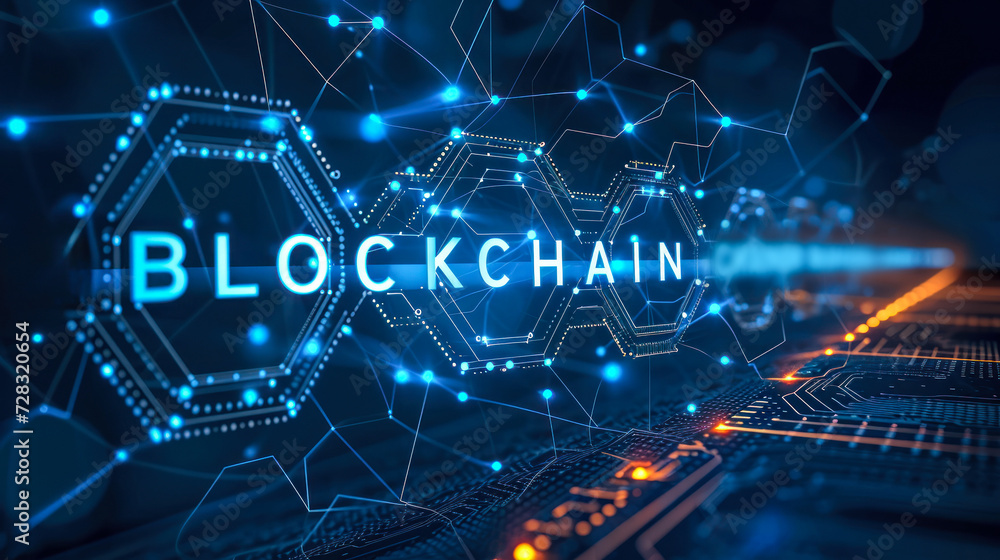 Poster digital blockchain revolution: cryptographic blocks connected in a network symbolizing secure, decen