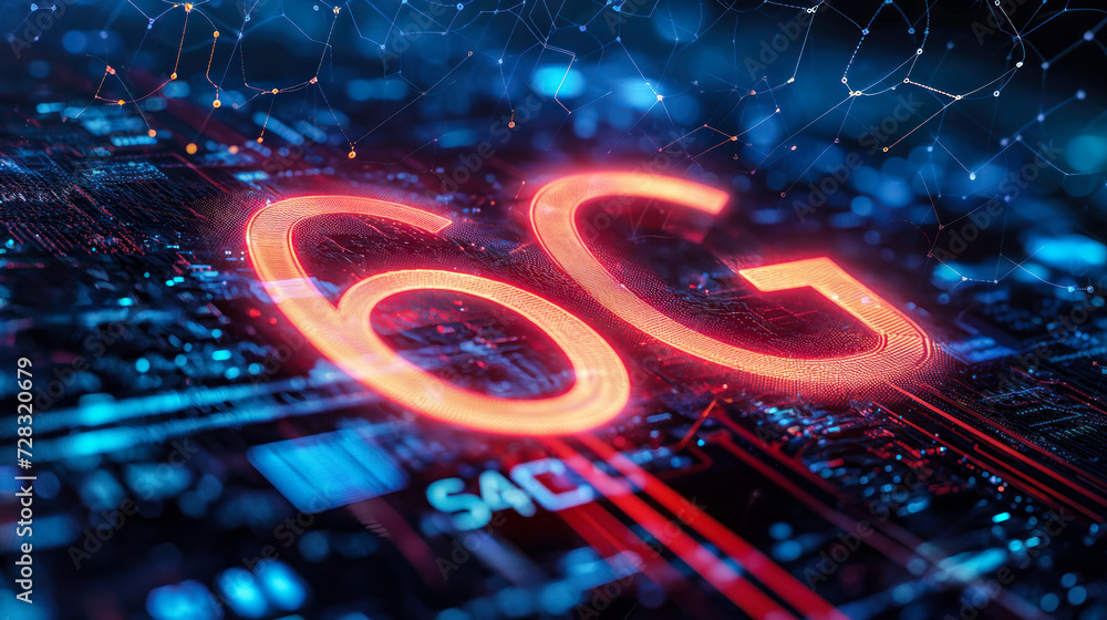 Poster futuristic 6g network chip on circuit board illustrating advanced high-speed wireless communication 