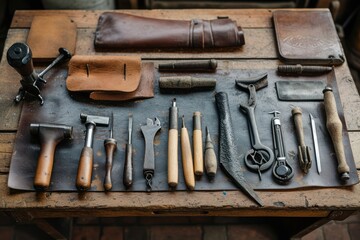 Tools for the manufacture of leather products on the forehead of the leather products master's table 
