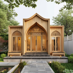 Tiny one floor timber frame house with double front doors and terrace with mosque and ramadhan theme design