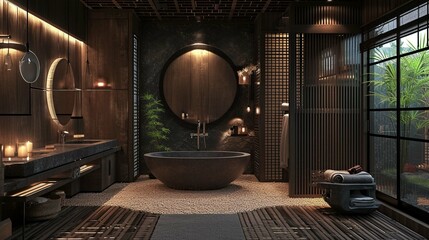 stylish bathroom with dark furniture.