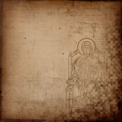 Christian religious aged backdrop. Scrapbooking vintage paper design in Byzantine style