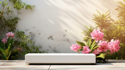A minimalist podium in a serene garden, framed by vibrant flowers and vibrant foliage.
