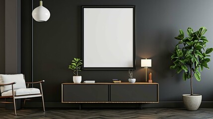 Mock up frame on cabinet in living room interior    - obrazy, fototapety, plakaty