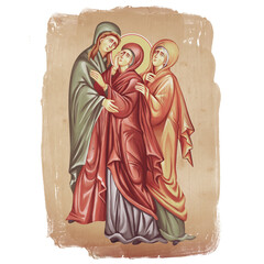 Madonna. Holy God's mother and two saints. Christian illustration in Byzantine style isolated