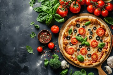Traditional Italian pizza, vegetables, ingredients on a dark concrete background