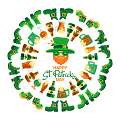 Happy Saint Patricks Day. Hand-drawn lettering. Festive composition with a cute leprechaun, shoes, and beer on white background. Spring holiday March 17 Saint Patrick. Sticker. Vector illustration