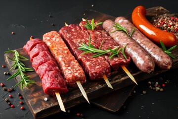 Uncooked Raw beef and lamb meat kebabs sausages on a wooden board. Black background 