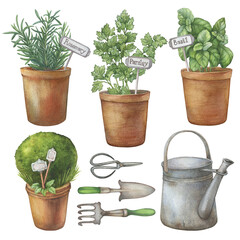 Set vintage garden utensils: terracotta ceramic pots, garden tools, watering can, twine holders - rustic farmhouse decor. Watercolor hand drawn illustration on white background