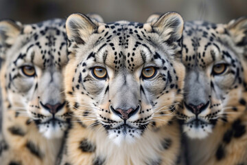 A striking close-up of three snow leopards, their majestic eyes locked on the viewer