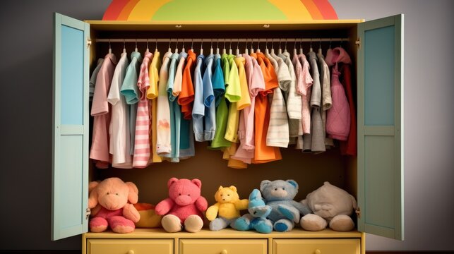 Children's wardrobe with various bright clothes for babies.