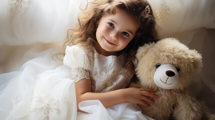 Little princess in a fluffy dress, smiling and holding a soft toy