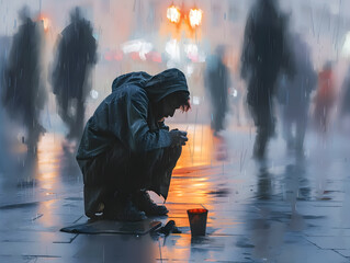 Homeless man in the middle of the city under the rain asks for help. Poverty alleviation illustration. - obrazy, fototapety, plakaty