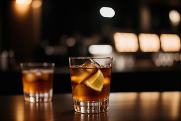 Close-up of two glasses with whiskey, ice cubes and a slice of lemon on a blurred background at night, bokeh. The concept of alcohol.