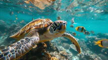 A graceful sea turtle gliding through crystal-clear waters, surrounded by schools of shimmering fish.