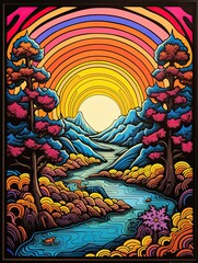 Psychedelic Groovy Patterns Framed Landscape Print - Retro Nature Vibes