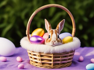 A little rabbit with fluffy fur in an Easter basket and colorful Easter eggs on the background of a fresh green spring landscape. Festive Easter background.