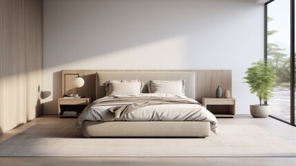 Fototapeta na wymiar A minimalist luxury bedroom with a plush, oversized headboard and soft, neutral tones.