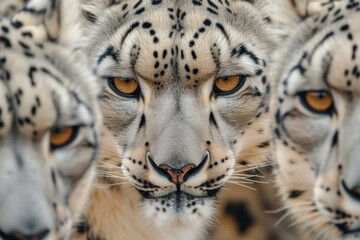 A striking close-up of three snow leopards, their majestic eyes locked on the viewer