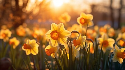 A macro shot of blooming daffodils, showcasing their golden trumpets in radiant sunlight.