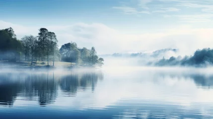 Fototapeten A dreamy mist rising from a serene lake, creating an ethereal and mystical atmosphere. © olegganko