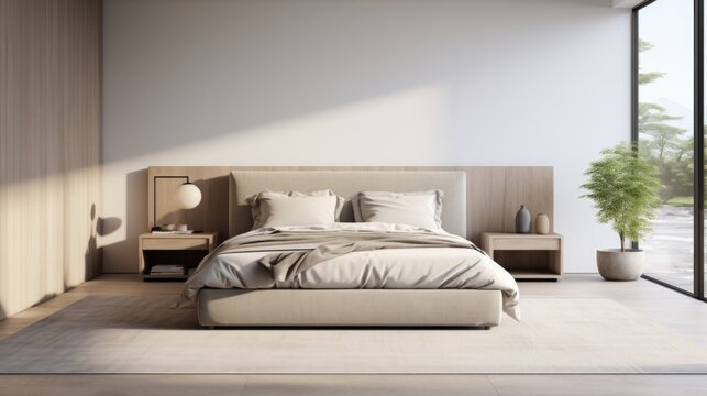 A minimalist luxury bedroom with a plush, oversized headboard and soft, neutral tones.