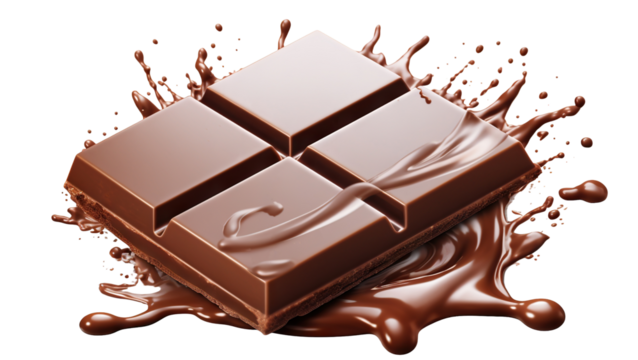 Delicious chocolate bar piece falling into chocolate splash, cut out